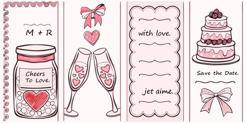 Romantic wedding invitation suite featuring a jar of hearts toasting champagne glasses and a tiered cake