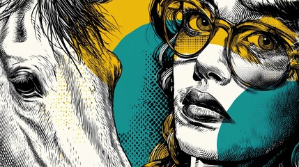 Business branding portrait of a woman with glasses and a horse on a split yellow and teal background