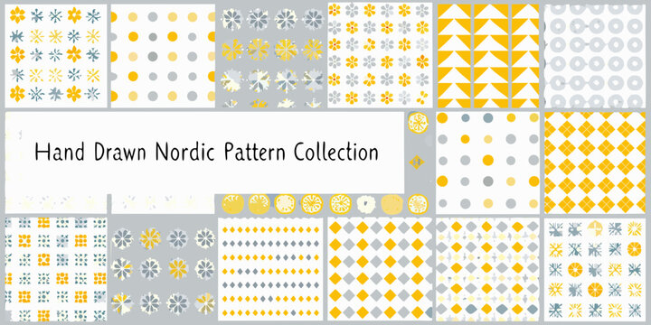 Collection of hand drawn seamless patterns inspired by nordic design in yellow grey and white