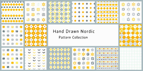 Collection of hand drawn nordic style geometric and floral seamless patterns in yellow grey and white