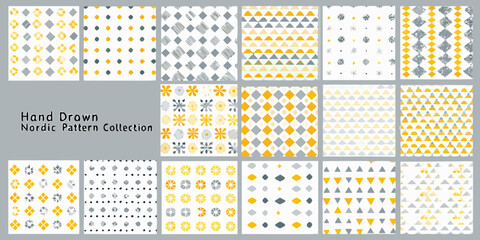 Collection of hand drawn nordic style geometric and floral patterns in yellow gray and white