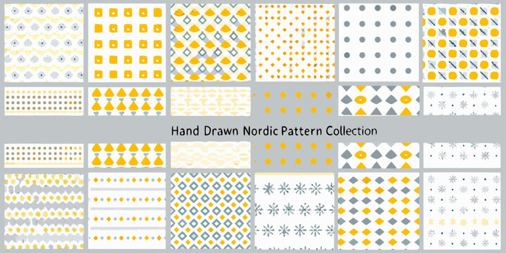 Fototapeta Collection of hand drawn nordic style seamless patterns in yellow gray and white