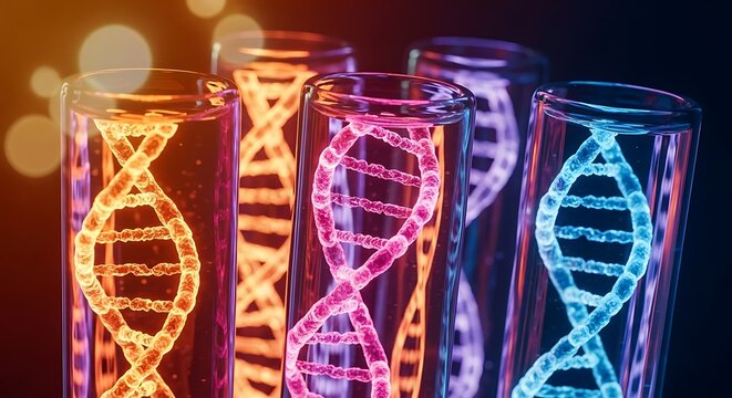 Vibrant dna strands glowing in test tubes representing genetics and biotechnology innovations - Powered by Adobe