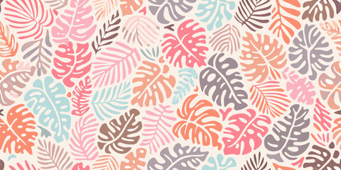Tropical monstera and fern leaf pattern in pastel colors © Apurba