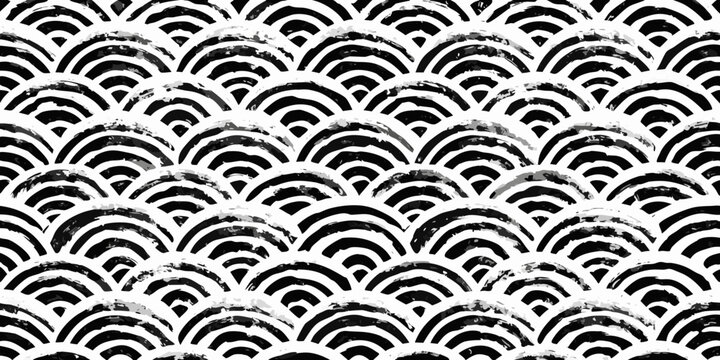 Seamless black and white abstract scallop pattern with grunge texture