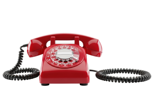 Vibrant crimson red rotary dial telephone with glossy body and coiled cord on a transparent reflective surface and infinite background, evoking nostalgic communication concept.