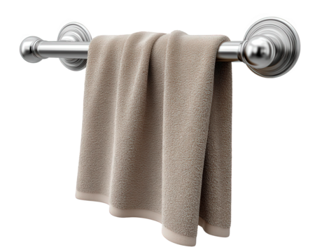 Soft beige towel hanging on silver metal bar, clean and neatly draped, suitable for bathroom or spa decor, evoking calm and fresh atmosphere