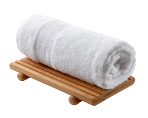 White towel rolled soft cotton placed on wooden tray clean spa relaxation bathroom hygiene minimalist style fresh and inviting atmosphere