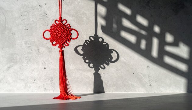 Vibrant red Chinese knot ornament casting intricate shadow on textured concrete wall