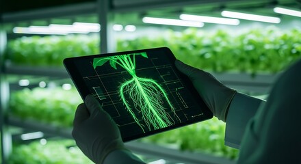 Scientist uses tablet displaying biological diagram in futuristic vertical farm