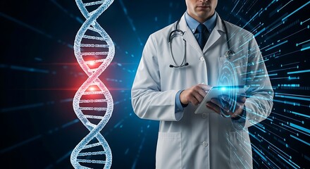 Medical doctor examining dna helix futuristic technology and genetic research