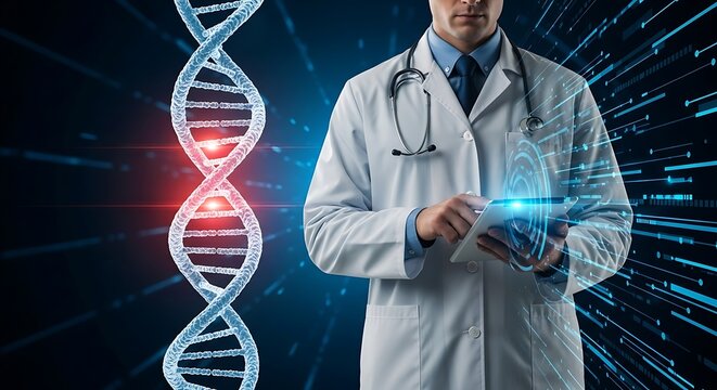 Medical doctor examining dna helix futuristic technology and genetic research
