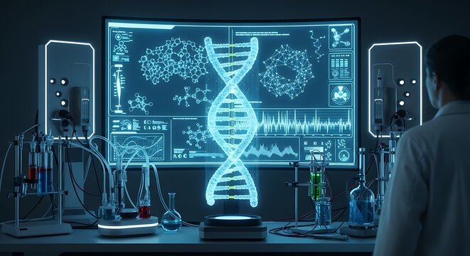 Futuristic science lab displays glowing dna helix on digital screen