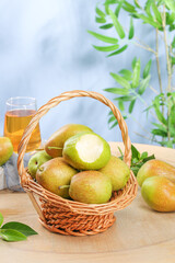 Fresh Fragrant Shanxi Chinese Pears in Wicker Basket with Herbal Tea - Sweet Crisp Healthy Fruit