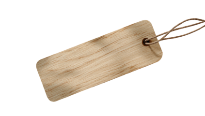 Wooden tag with a light brown, wood-grain pattern, tied with a light brown string