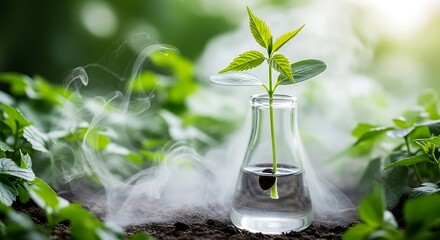 Young plant sprout in scientific flask symbolizing bio-tech growth and environmental sustainability