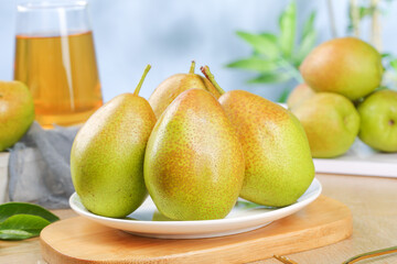 Fresh Crisp Pears from Shaanxi Xinjiang China with Fragrant Sweet Juice on Wooden Table