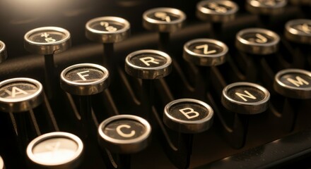 Close-up macro of vintage typewriter keys with dramatic lighting and shallow depth of field