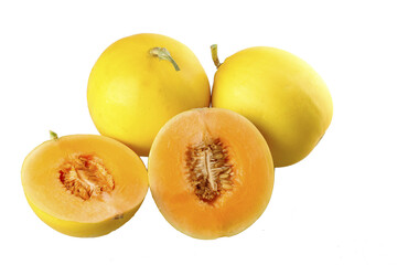 Fresh Yellow Honeydew Melons from Gansu Shaanxi China Cut Half Orange Flesh White Background