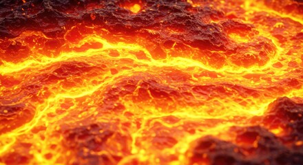 Close-up of Molten Lava Flowing volcano magma fire heat hot rock texture surface background abstract nature geology fiery orange yellow