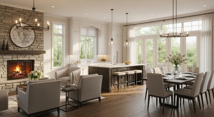 Elegant open concept living and dining room with fireplace and kitchen island