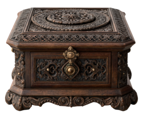 Ornate wooden music box vintage decor element with intricate carved floral pattern, antique style, dark brown color, elegant and nostalgic collectible for home display