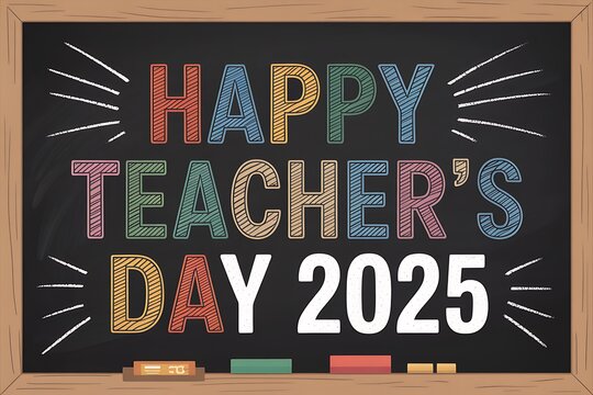 Happy teacher's day 2025 chalkboard art with colorful bold typography and pencils celebrating education - Powered by Adobe