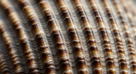 Macro photograph of intricate, wavy texture of a seashell's surface, highlighting its natural patterns and earthy tones.