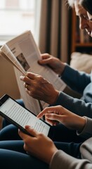 Two people reading a newspaper and a digital tablet, representing universal access to information in both traditional and modern forms