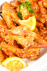 Spicy Pickled Chicken Feet with Lemon and Pepper Sauce Asian Delicacy Fresh Boneless Appetizer