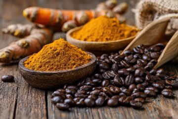 Turmeric Coffee Aroma. Fresh Turmeric Powder and Coffee Beans on Wooden Table, Aromatic Exotic Blend