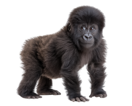 Baby gorilla standing on all fours, isolated on transparency background, with soft fur and expressive eyes, conveying gentle and curious emotion