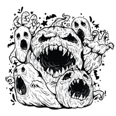 Halloween pumpkin monster with little ghost, spooky hand drawn vector illustration, perfect for t-shirt, mug, poster, and Halloween decoration.	
