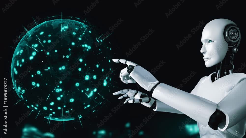 Wall mural ai hominoid robot touching virtual hologram screen showing concept of big data analytic using artifi