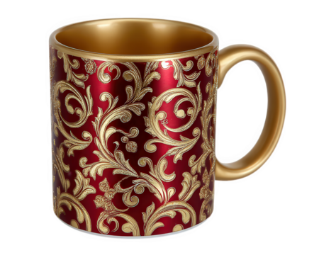 Red mug gold handle ornate floral pattern decorative cup luxury drinkware elegant design isolated object shiny finish festive classic style