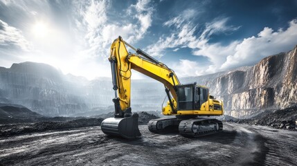 A large yellow excavator sits on rocky terrain in an open-pit mining site under a dramatic sky with mountains in the background