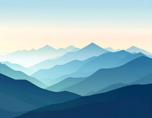 Fototapeta premium Minimalist Landscape of Blue Mountain Ranges in Soft Gradient Layers