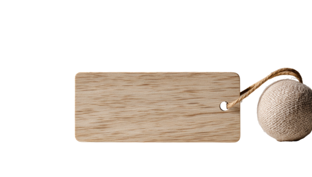 Light beige wooden tag with a string and small ball
