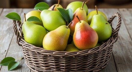 Abundant Harvest of Ripe Pears in Rustic Woven Basket on Weathered Wood