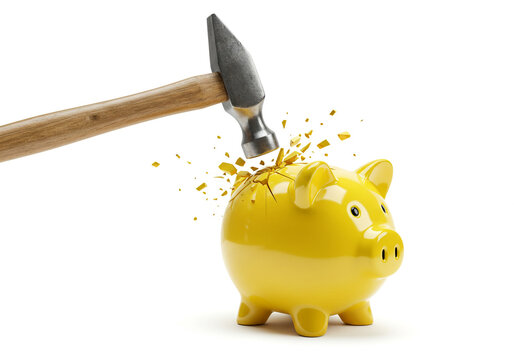 Smashing a yellow piggy bank with a hammer to access savings representing financial crisis and debt