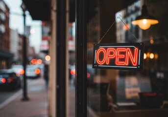 Bright neon open sign inviting customers to enter vibrant local business during daytime hours