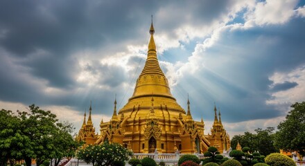 Fototapeta premium Majestic Golden Pagoda Shimmers Under Dramatic Sunbeams and Stormy Skies