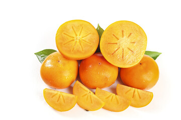 Fresh Shanxi Persimmons on White Background - Whole and Sliced Orange Fruit Display