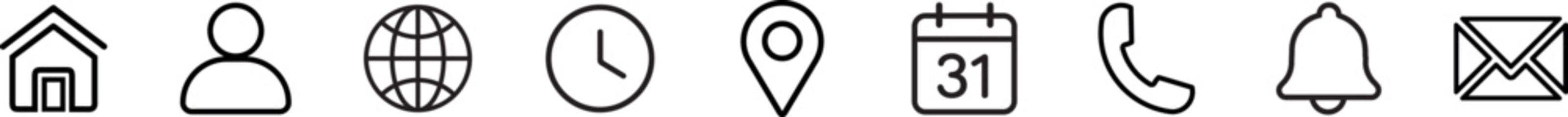 A clean and simple line art collection of essential icons represent everyday concepts like home, user profile, global network, time, location, scheduling, contact, and messages