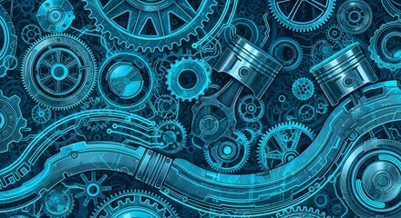 Mechanical Gears and Pistons Blueprint Pattern | Intricate Technical Design for Engineering, Automotive and Technology Backgrounds