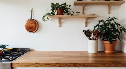 Cozy kitchen countertop with plants and hanging copper pan