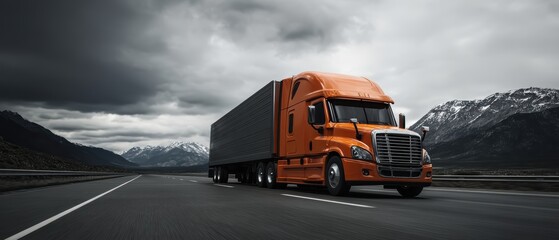 An orange semi-truck drives on a highway through a mountainous landscape under cloudy skies