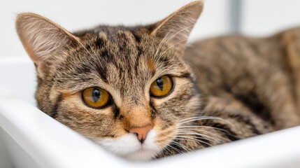 A close-up of a tabby cat with amber eyes resting comfortably in a white container