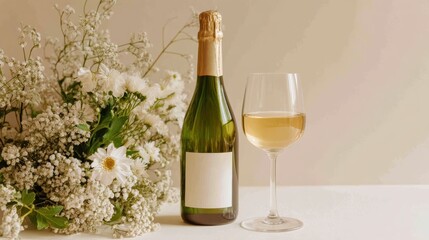 A bottle of champagne and a glass of white wine sit beside a bouquet of white flowers on a light background