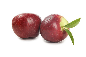 Fresh Red Apples with Water Droplets and Green Leaves on White Background